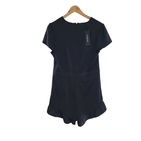 Bebe Shorts Romper Womens Size 12 One piece Short Sleeve V-Neck Ruffle Black NWT - Picture 2 of 9